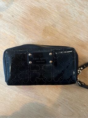 kate spade Black Patent Wristlet Wallet with Perforated Heart Detail